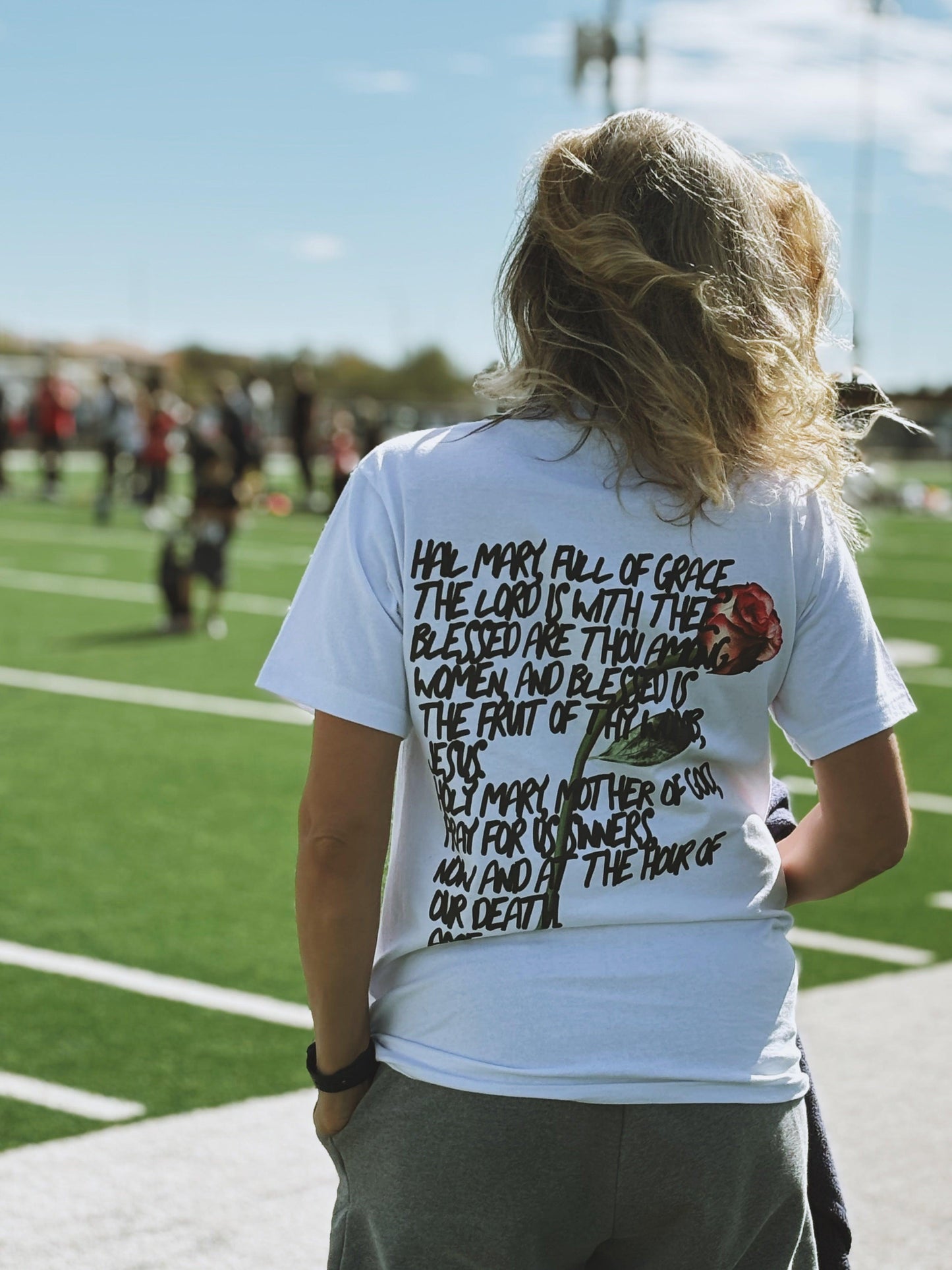 Hail mary Tshirt white unisex on model back view