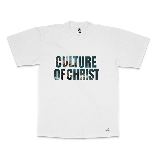 Jesus cruxifixction embedded in Culture of christ block letters on unisex white heavyweight tshirt