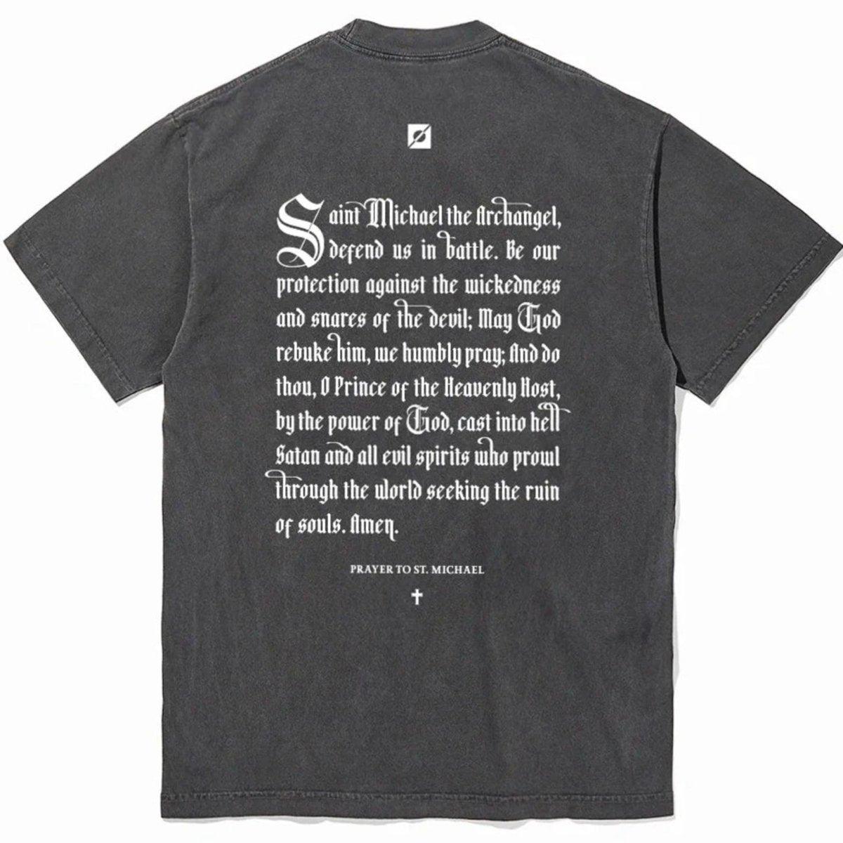 Prayer to Saint Michael on back of  heavyweight T-shirt black unisex