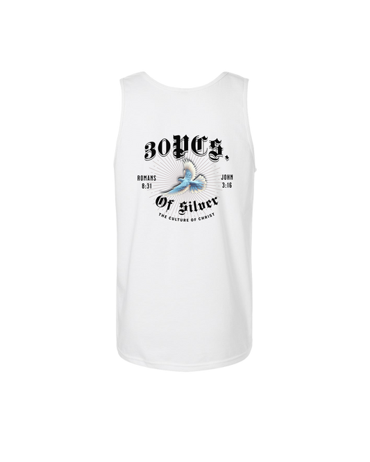 Culture of christ 30pcs of silver small logo on back of white unisex heavyweight cotton tank