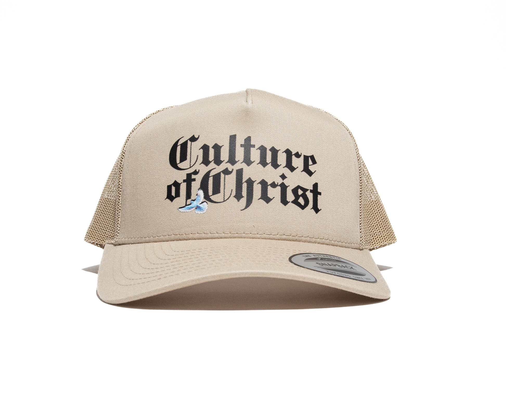 Black culture of christ print with blue dove on front of unisex tan snap back trucker hat.