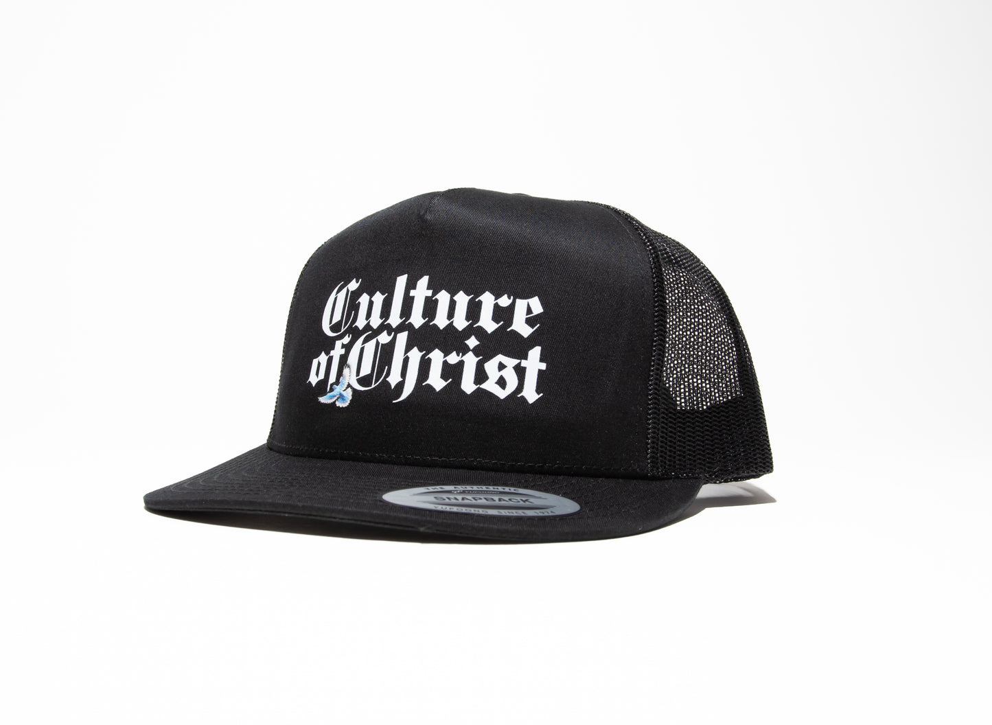 White culture of christ print with blue dove on black unisex snap back trucker hat side view