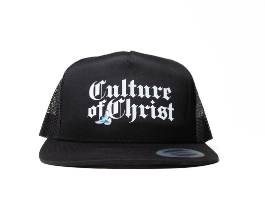 White Culture of christ print with blue dove on front of black unisex snap back trucker hat